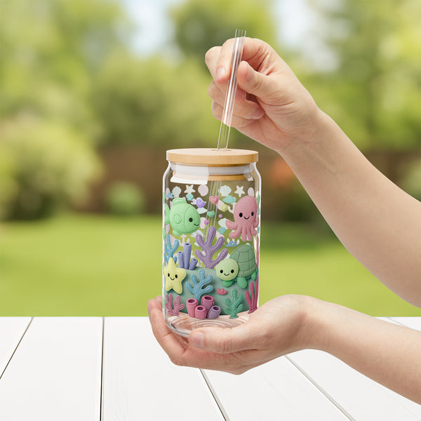 Under the Sea Plush Ocean Theme Eco-Friendly 16oz Sipper Glass w/ Bamboo Lid, Drinkware, glass water bottle, Beverage Container, Reusable, Glassware, Home Gifts
