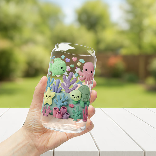 Under the Sea Plush Ocean Theme Eco-Friendly 16oz Sipper Glass w/ Bamboo Lid, Drinkware, glass water bottle, Beverage Container, Reusable, Glassware, Home Gifts