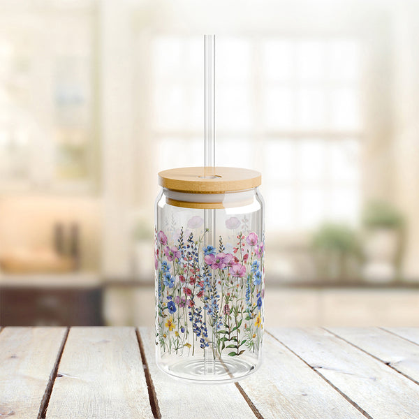 Wildflowers design 01 Eco-Friendly 16oz Sipper Glass w/ Bamboo Lid, Drinkware, glass water bottle, Beverage Container, Reusable, Glassware, Home Gifts