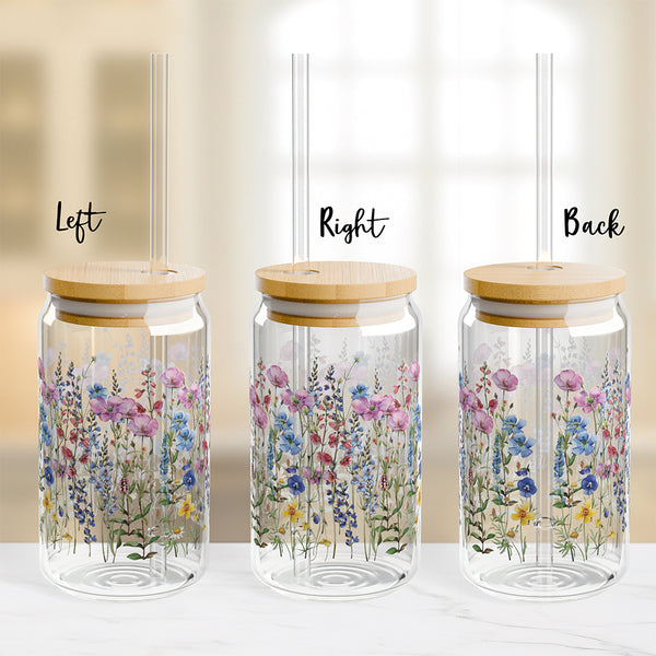 Wildflowers design 01 Eco-Friendly 16oz Sipper Glass w/ Bamboo Lid, Drinkware, glass water bottle, Beverage Container, Reusable, Glassware, Home Gifts