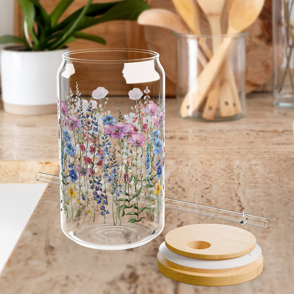Wildflowers design 01 Eco-Friendly 16oz Sipper Glass w/ Bamboo Lid, Drinkware, glass water bottle, Beverage Container, Reusable, Glassware, Home Gifts