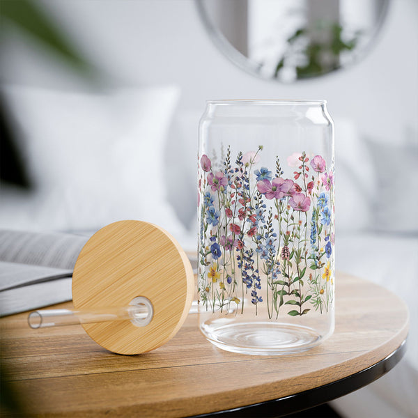 Wildflowers design 01 Eco-Friendly 16oz Sipper Glass w/ Bamboo Lid, Drinkware, glass water bottle, Beverage Container, Reusable, Glassware, Home Gifts