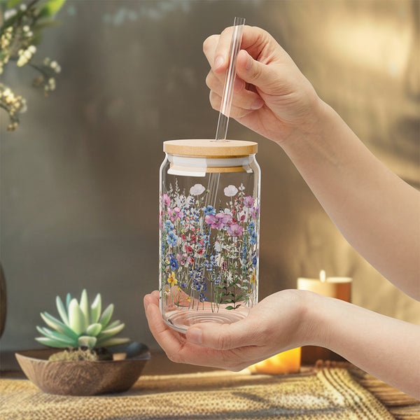 Wildflowers design 01 Eco-Friendly 16oz Sipper Glass w/ Bamboo Lid, Drinkware, glass water bottle, Beverage Container, Reusable, Glassware, Home Gifts
