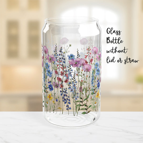 Wildflowers design 01 Eco-Friendly 16oz Sipper Glass w/ Bamboo Lid, Drinkware, glass water bottle, Beverage Container, Reusable, Glassware, Home Gifts