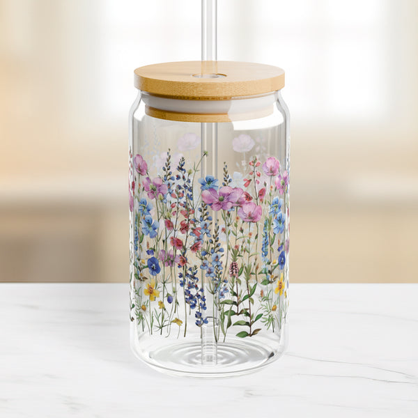 Wildflowers design 01 Eco-Friendly 16oz Sipper Glass w/ Bamboo Lid, Drinkware, glass water bottle, Beverage Container, Reusable, Glassware, Home Gifts