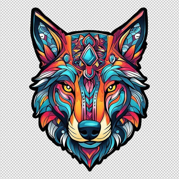 Stylized Colorful Wolf PNG Clip Art Sublimation Design Digital Download Clipart