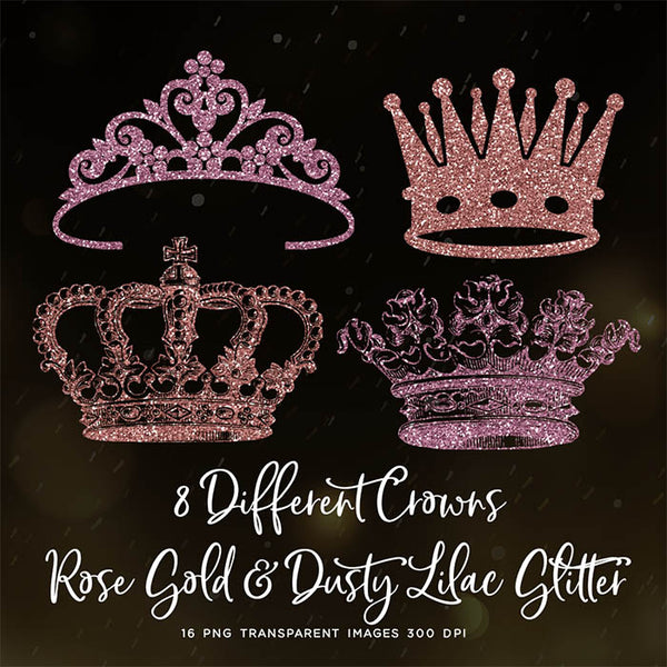 Crowns 8 Different Crowns Rose Gold & Dusty Lilac Glitter -  PNG Transparent Images - Instant Download Digital Clip art