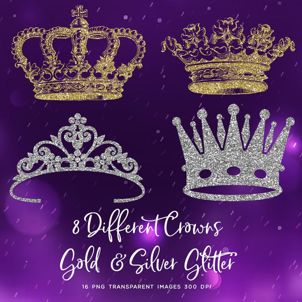 Crowns 8 Different Crowns Gold & Silver Glitter -  PNG Transparent Images - Instant Download Digital Clip art