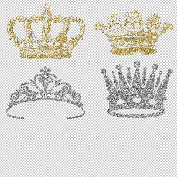 Crowns 8 Different Crowns Gold & Silver Glitter -  PNG Transparent Images - Instant Download Digital Clip art