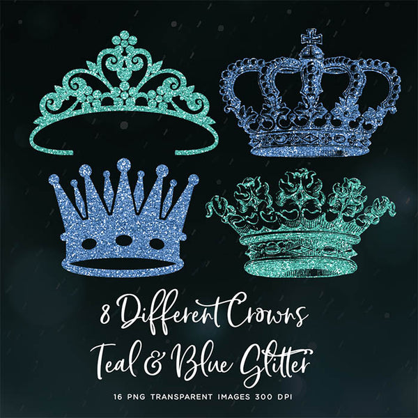 Crowns 8 Different Crowns Teal & Blue Glitter -  PNG Transparent Images - Instant Download Digital Clip art