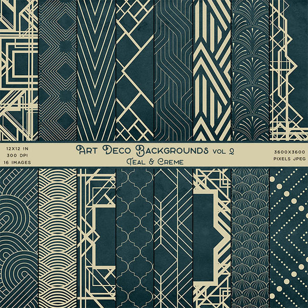 Art Deco Teal & Creme Backgrounds Vol 2 - 16 High Resolution Images - Instant Download Digital Clip art