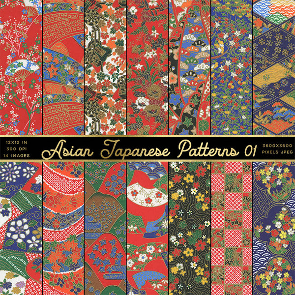 Asian Japanese Patterns 01 Backgrounds - 14 High Resolution Images - Instant Download Digital Clip art