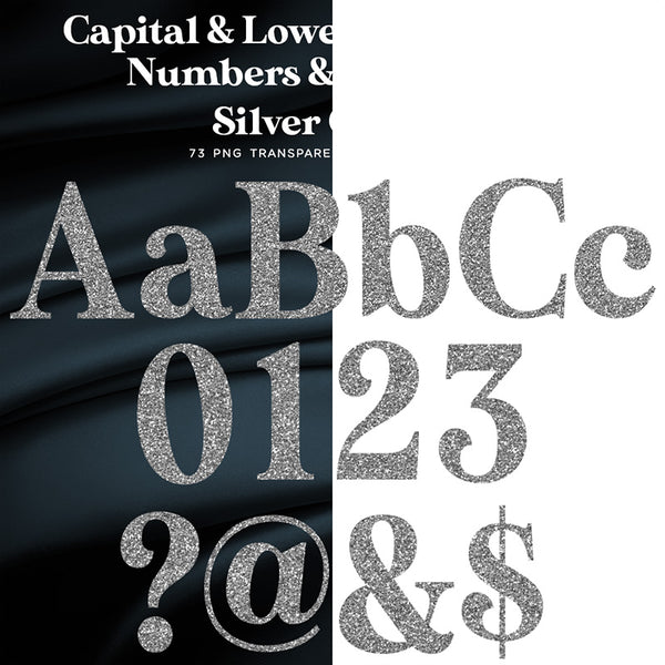 Capital & Lower Case Letters Alphabet Numbers & Symbols 04 Silver Glitter - These are Clip Art NOT Font - 73 PNG Transparent Images - Instant Download Digital Clip art