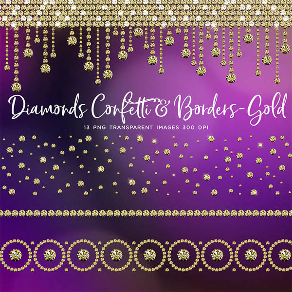 Diamonds Confetti & Borders GOLD - Clip Art gemstone - 13 PNG Transparent Images High Resolution - Instant Download Digital Clipart