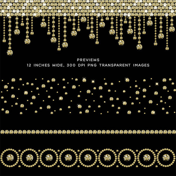 Diamonds Confetti & Borders GOLD - Clip Art gemstone - 13 PNG Transparent Images High Resolution - Instant Download Digital Clipart