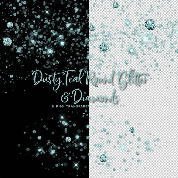 Dusty Teal Round Glitter Dust & Diamonds 01 - sparkly 8 PNG Transparent Overlays High Resolution - Instant Download Digital Clip art