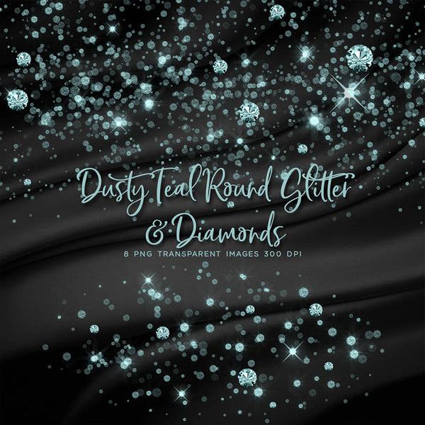 Dusty Teal Round Glitter Dust & Diamonds 01 - sparkly 8 PNG Transparent Overlays High Resolution - Instant Download Digital Clip art