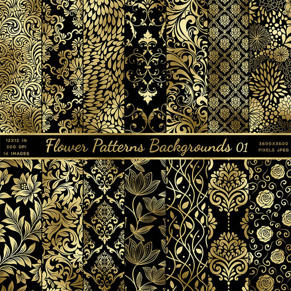 Flower Patterns Gold And Black Vol 1 - 14 High Resolution Images - Instant Download Digital Clip art
