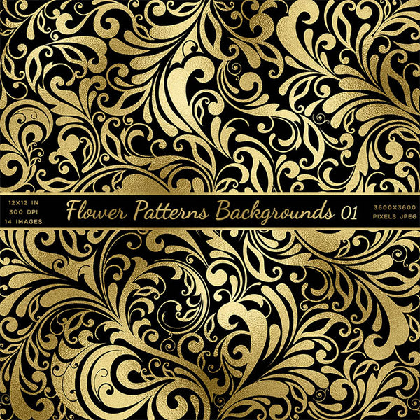 Flower Patterns Gold And Black Vol 1 - 14 High Resolution Images - Instant Download Digital Clip art