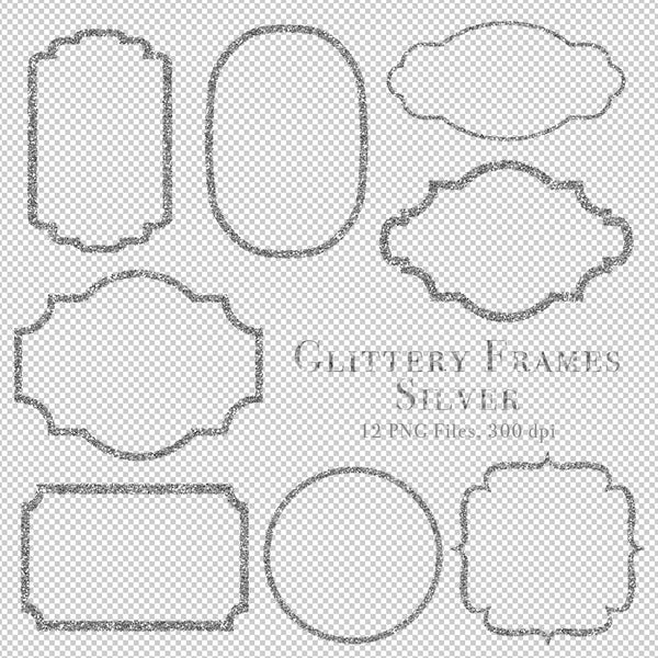Glittery Frames 1 Silver - 14 PNG Transparent Images - Instant Download Digital Clip art