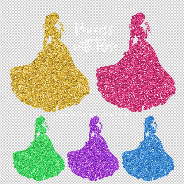 Princess With A Rose Glitter Texture - 16 Different Colors PNG Transparent Images - Instant Download Digital Clip art