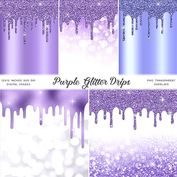 Purple Glitter Drips - Backgrounds and Transparent Overlays - Instant Download Digital Clip art for Invitations Cards Party design Backdrop Scrapbooking Kids Crafts