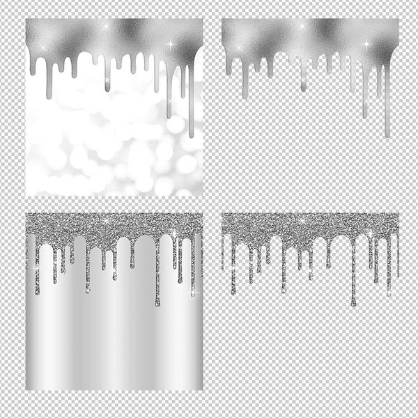 Silver And Glitter Drips - Backgrounds and Transparent Overlays - Instant Download Digital Clip art for Invitations Cards Party design Backdrop Scrapbooking Kids Crafts