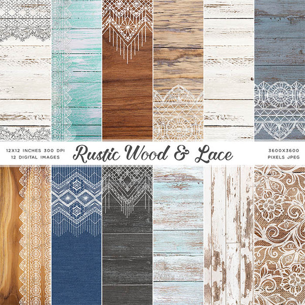 Rustic Wood & Lace 1 - 12 High Resolution Images - Instant Download Digital Clip art