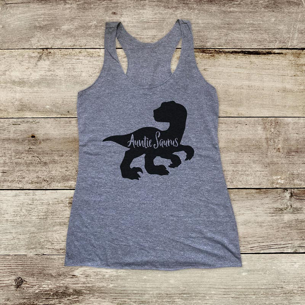 Auntie Saurus Dinosaur Party Surprise - Soft Triblend Racerback Tank fitness gym yoga running exercise birthday gift