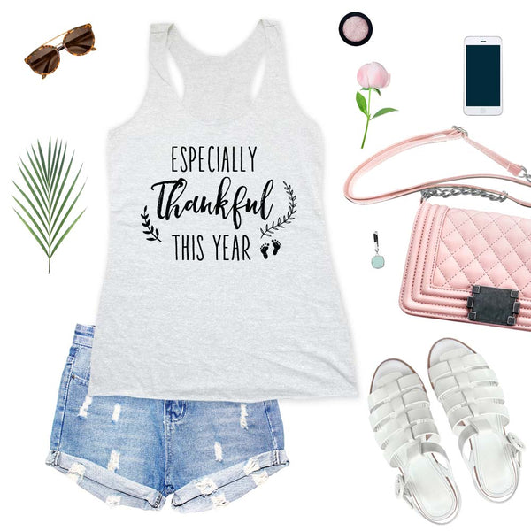 Especially Thankful This Year Baby Pregnancy Announcement Soft Triblend Racerback Tank fitness gym yoga running exercise birthday gift