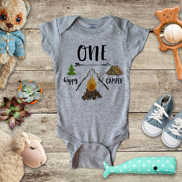 ONE happy Camper hipster 1st First Birthday Shirt camping mountains camp design baby bodysuit Infant Toddler Shirt Hello Handmade design