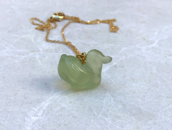 Green Duck Gemstone animal carvings necklace Gold plated chain necklace Handmade Jewelry