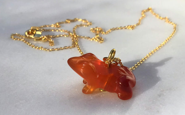 Carnelian Frog Gemstone animal carvings necklace Gold plated chain necklace Handmade Jewelry