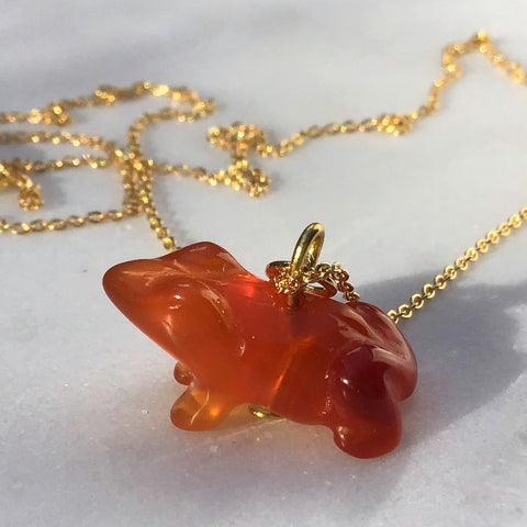 Carnelian Frog Gemstone animal carvings necklace Gold plated chain necklace Handmade Jewelry