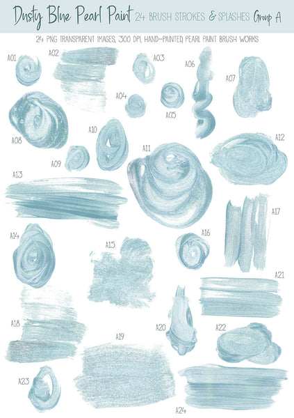 Brush Strokes Pearl Paint - Dusty Blue Pearl Paint 24 Brush Strokes & Splashes Group A - Hand painted Overlay - Instant Download Digital Clipart