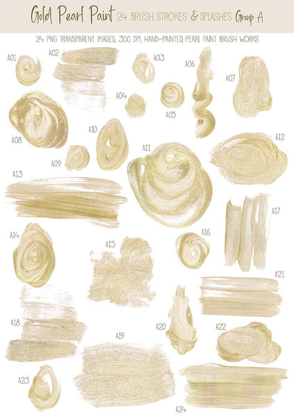 Brush Strokes Pearl Paint - Gold Pearl Paint 24 Brush Strokes & Splashes Group A - Hand painted Overlay - Instant Download Digital Clipart