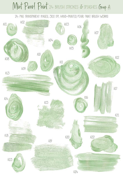 Brush Strokes Pearl Paint - Mint Pearl Paint 24 Brush Strokes & Splashes Group A - Hand painted Overlay - Instant Download Digital Clipart