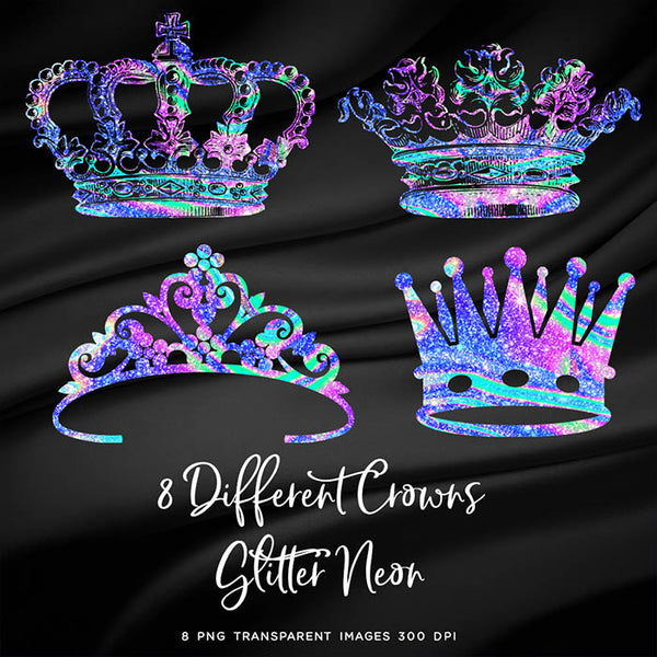 8 Different Crowns in Neon Glitter Texture - 8 PNG Transparent Images High Resolution - Instant Download Digital Clip art