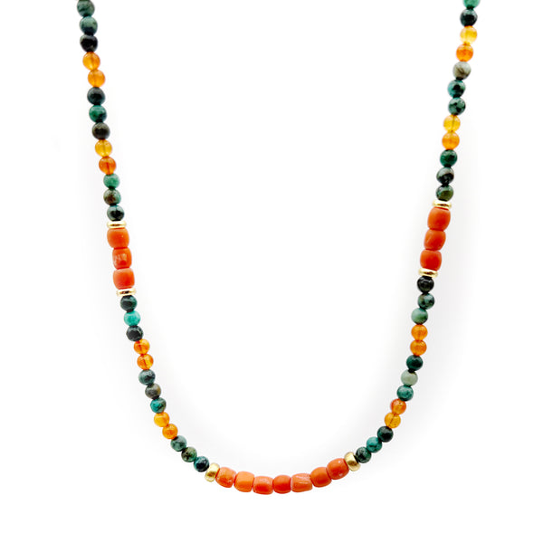 Antique Red Coral, African Turquoise, Carnelian, and Metal Brass Beads Necklace Handmade Jewelry - Boho Hippie Beach Birthday Special Gift