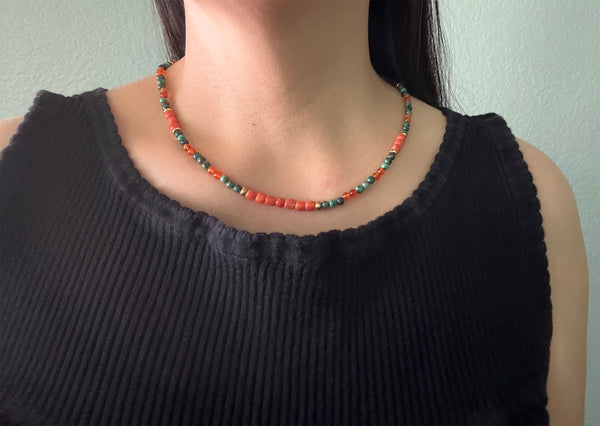 Antique Red Coral, African Turquoise, Carnelian, and Metal Brass Beads Necklace Handmade Jewelry - Boho Hippie Beach Birthday Special Gift