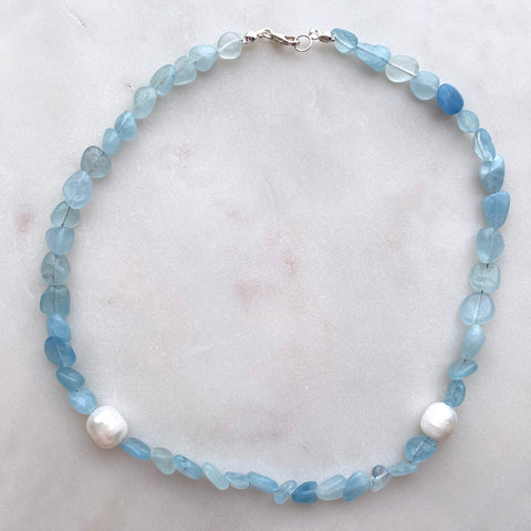 Aquamarine Pebbles and Two Freshwater Pearls Sterling Silver Necklace Handmade Boho Beach Jewelry