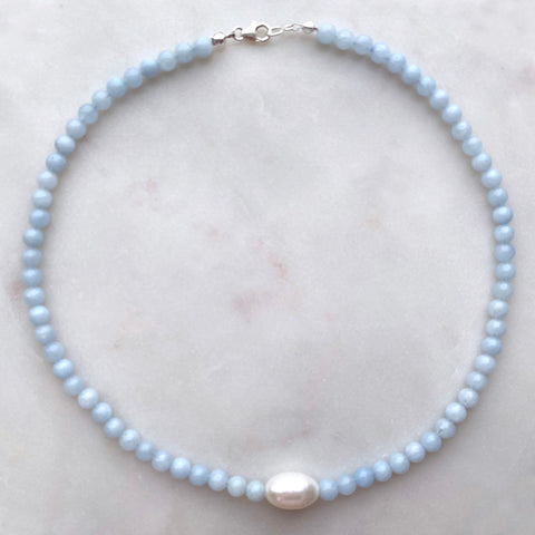 Aquamarine Round Beads and a Large Freshwater Pearl Sterling Silver Necklace Handmade Boho Beach Jewelry