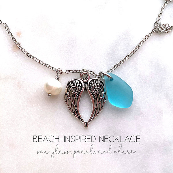 Beach Sea Glass Necklace with Freshwater Pearl, Sea Glass & Starfish Turtle Mermaid Mountain Trees Angel Wings Horse Charm Handmade Jewelry