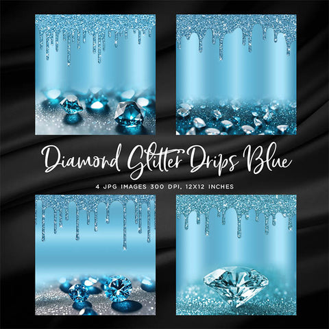 Diamonds Glitter Drips Blue Backgrounds sparkly gemstones glittery bokeh - 4 High Resolution JPG Images - Instant Download Digital Clip art
