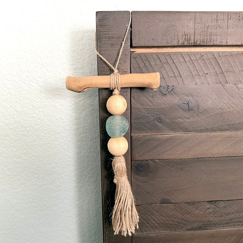 Home Decor Wall Hanging Ornament - Farmhouse Beach Driftwood Boho Sea Glass Garland, Wood Bead Tassels