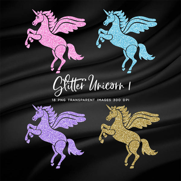 Glitter Unicorn - 18 Different Glittery Colors PNG Transparent Images - Instant Download Digital Clip art