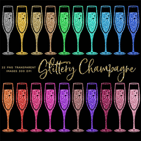 Glittery Sparkly Glitter Champagne Drinking Glass - 22 Different Colors PNG Transparent Images - Instant Download Digital Clip art