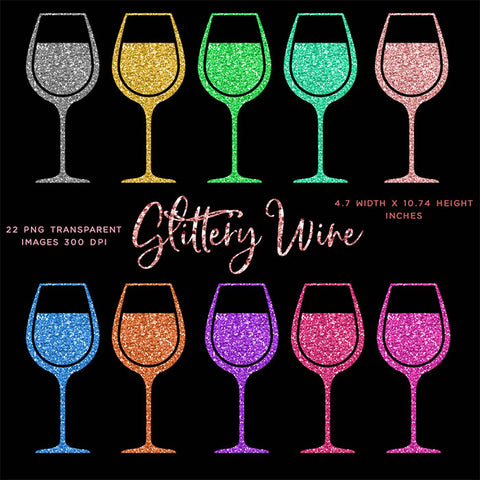 Glittery Sparkly Glitter Wine Drinking Glass - 22 Different Colors PNG Transparent Images - Instant Download Digital Clip art