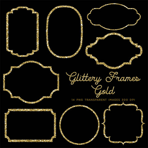 Glittery Frames 1 Gold - 14 PNG Transparent Images - Instant Download Digital Clip art