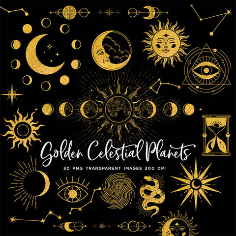 Golden Celestial Planets - 30 Transparent Objects PNG Overlays - Instant Download Digital Clip art